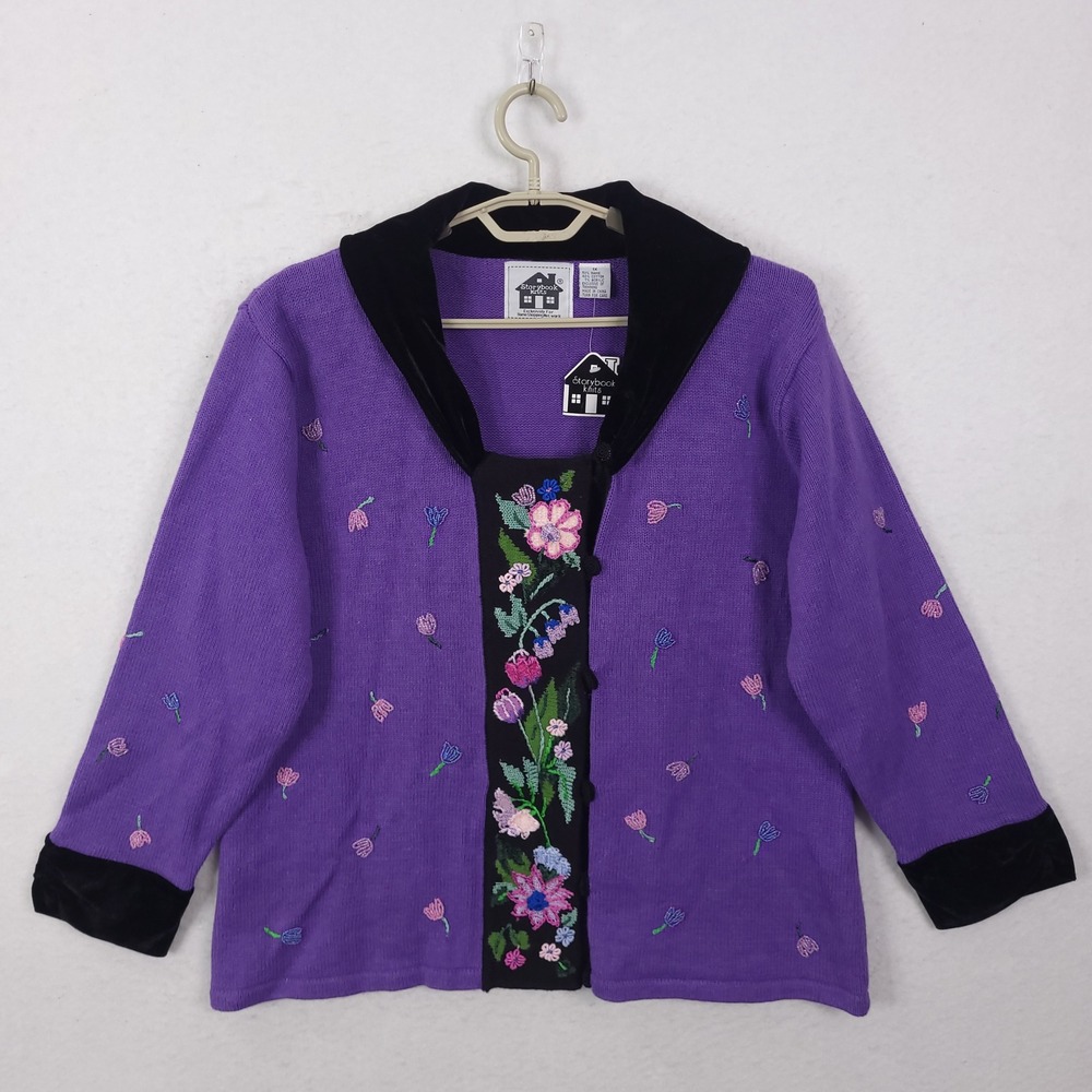 Storybook Knits Cardigan Purple 1X Floral Beaded Velvet Collar Vintage Whimsical